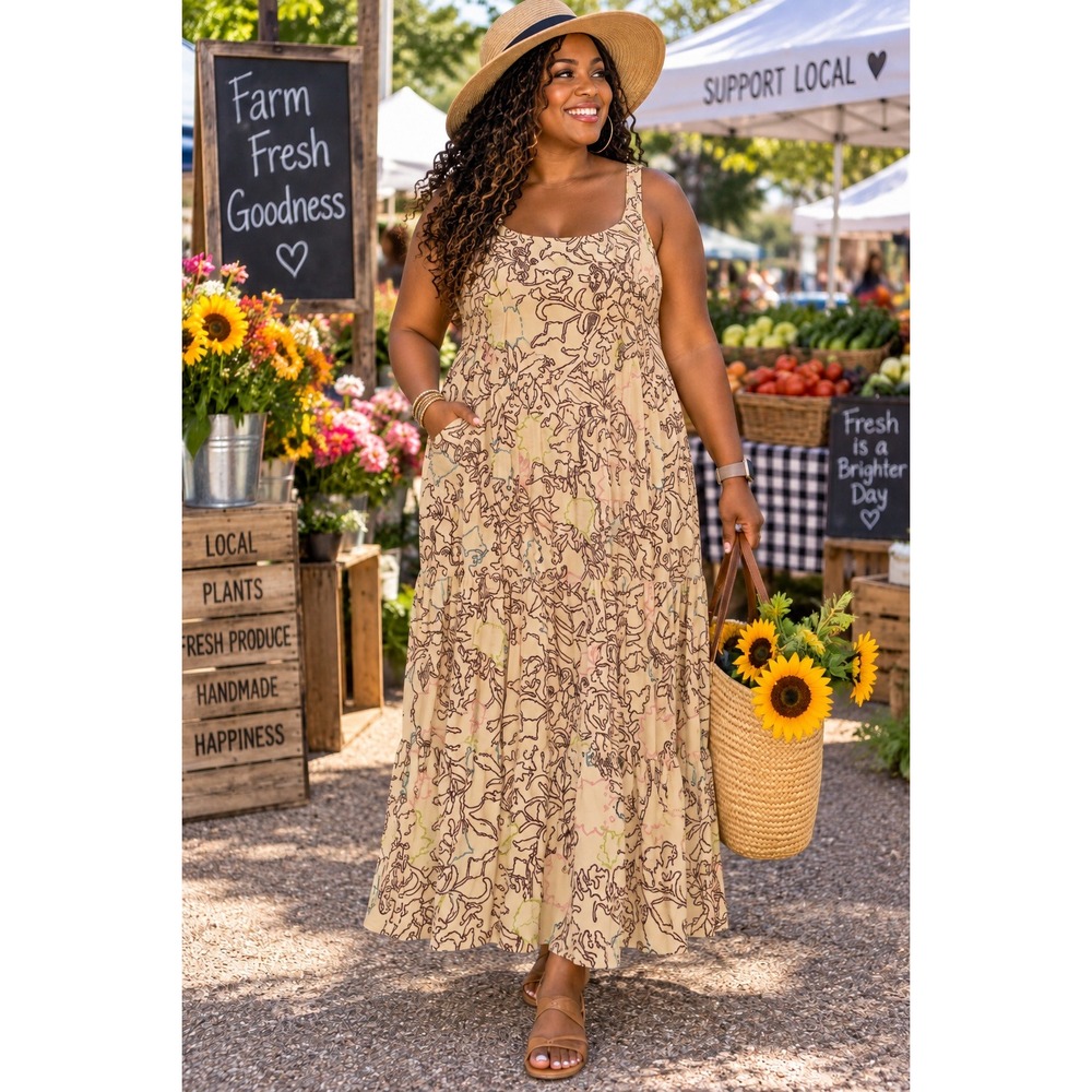 Knox Rose Women XXL Floral Print Tiered Midi Dress Smocked Back Pockets Cream